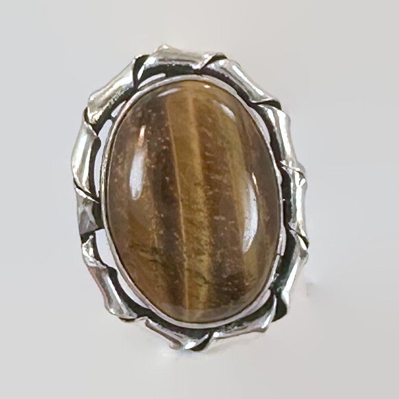 Tiger Eye Ring, Silver Plated ,Large Stone, Big Statement, Size 8, Huge, Vintage - Picture 2 of 5